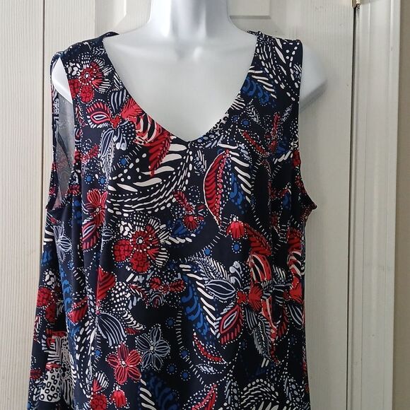 Kim Rogers blue red white floral print sleeveless midi dress Sz 1X NWOT - Picture 3 of 7